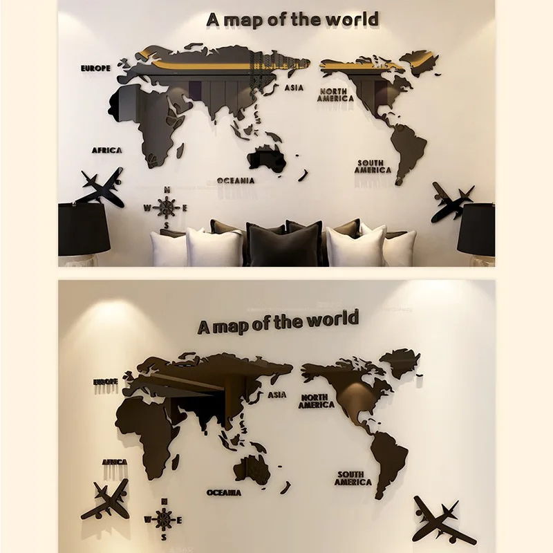 World map Acrylic 3D solid crystal bedroom wall with living room classroom stickers office decoration DIY ideas