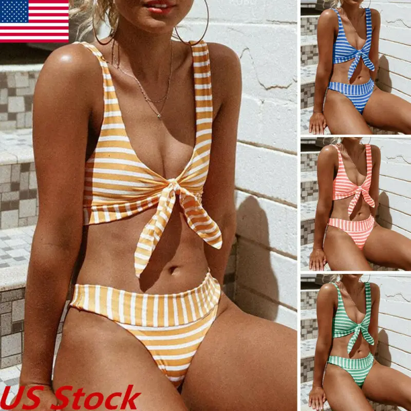 Женский набор бикини полосатый купальник с бантом Высокая талия стрейч тонкий женский купальный костюм Купальники Пляжная одежда Новинка