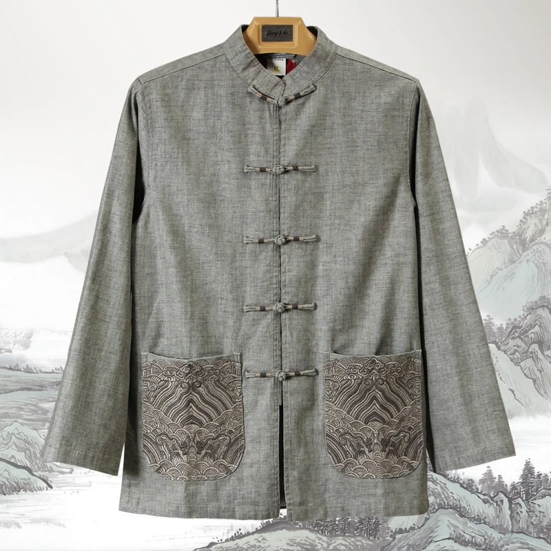 Новая мода Светло серый Тан костюм Мужская вышивка классический китайский стиль