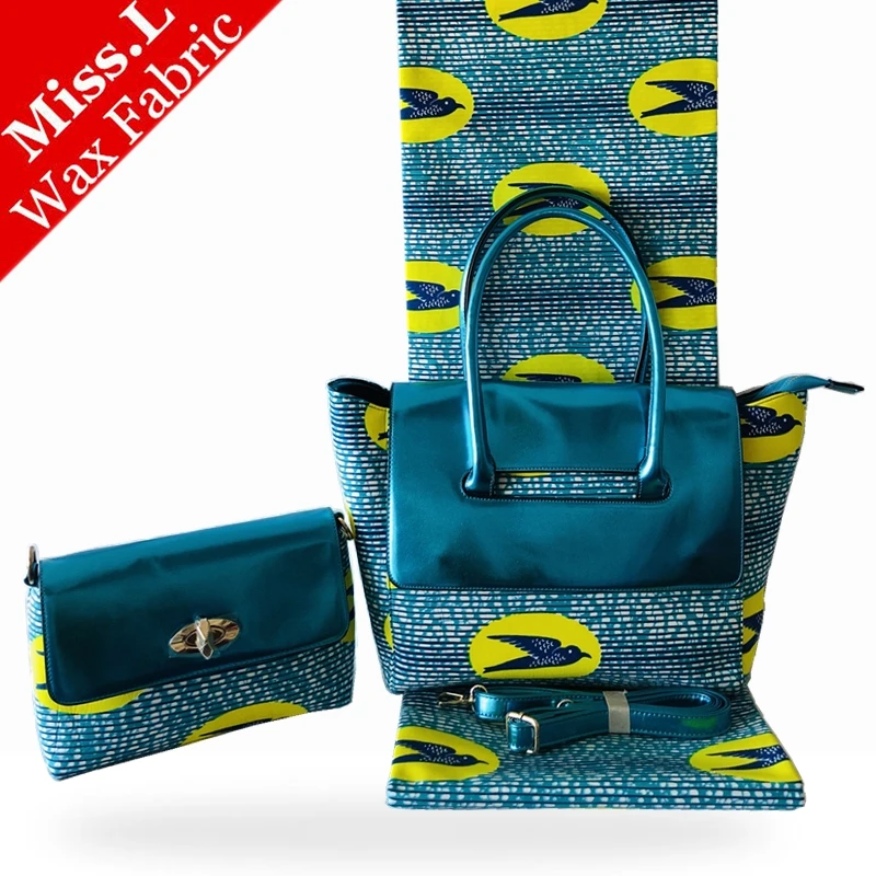 

Elegant design African wax prints fabric Woman's two wax handbag matching 6 yards veritable wax hollandais African wax bag set