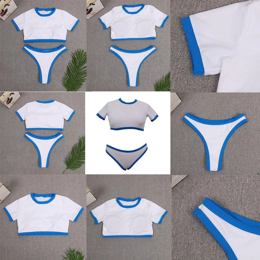 Укороченный топ для девочек, женский спортивный купальный костюм из двух частей, купальник в полоску с коротким рукавом, купальник с высокой талией, комплект бикини - Цвет: Синий