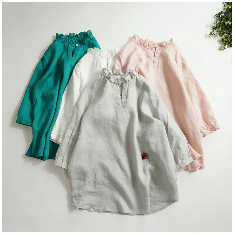 

Summer Women Loose All-match Soft Comfortable Water Washed Linen Pullover Thin Shirts