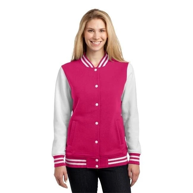 Sport-Tek LST270 Ladies Fleece Letterman Jacket Pink Raspberry & White - 3XL
