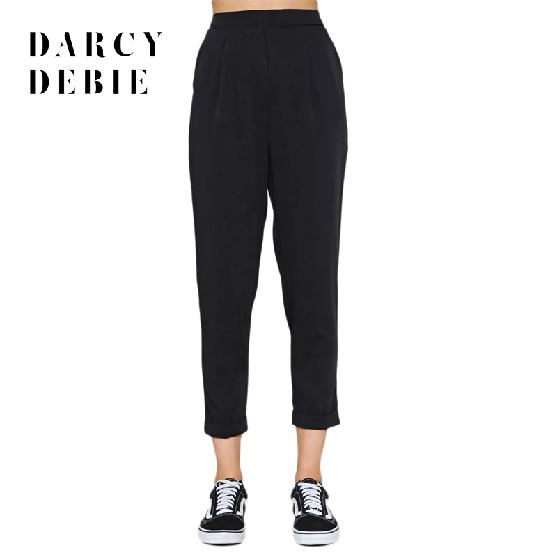 Darcydebie Solid Black Ankle Length Pants Women Patchwork CasuaI Loose