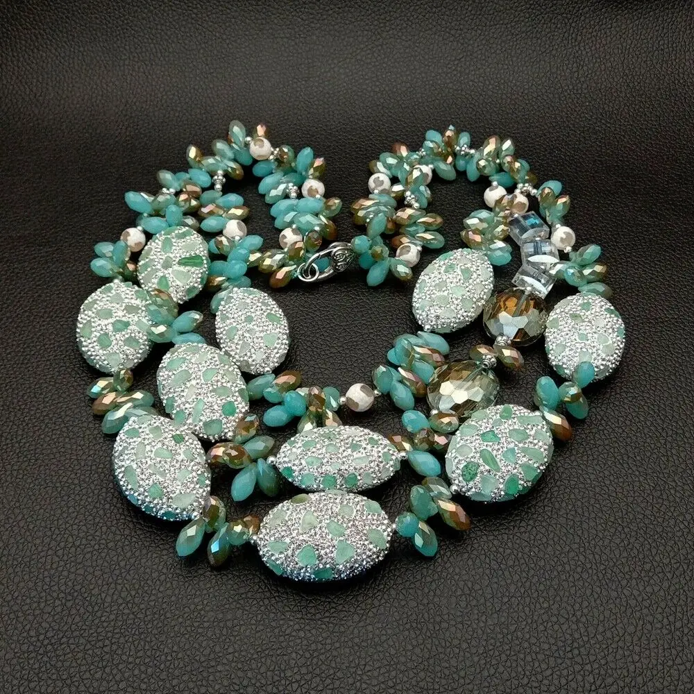 2" 3 ряда синий кристалл ожерелье проложить зеленый авантюрин Бусины
