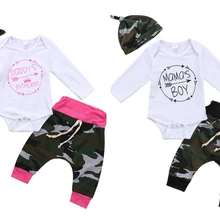 3 шт./компл. новорожденных Для маленьких мальчиков Обувь для девочек Комбинезон с надписью+ камуфляжные Брюки для девочек шляпа одежда для детей Одежда для малышей