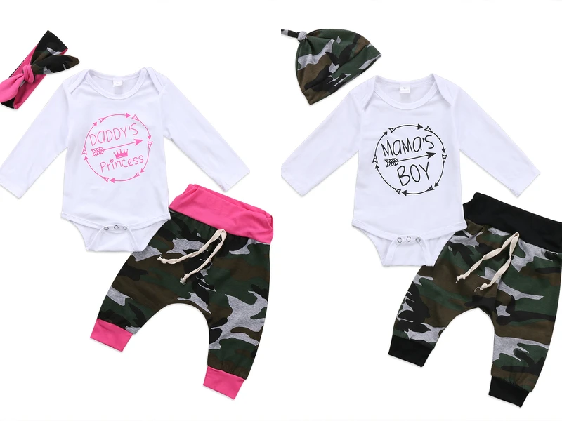 

3Pcs/Set Newborn Baby Boys Girls Letter Romper +Camouflage Pants Hat Kids Outfits Baby Clothing