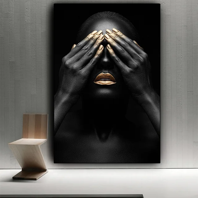 Pintura al óleo de labios dorados y negros para mujer pintura al óleo sobre lienzo, carteles e impresiones de pared africana, cuadro artístico para sala de estar Pintura al óleo de labios dorados y negros para mujer pintura al óleo sobre lienzo, carteles e impresiones de pared africana, cuadro artístico para sala de estar