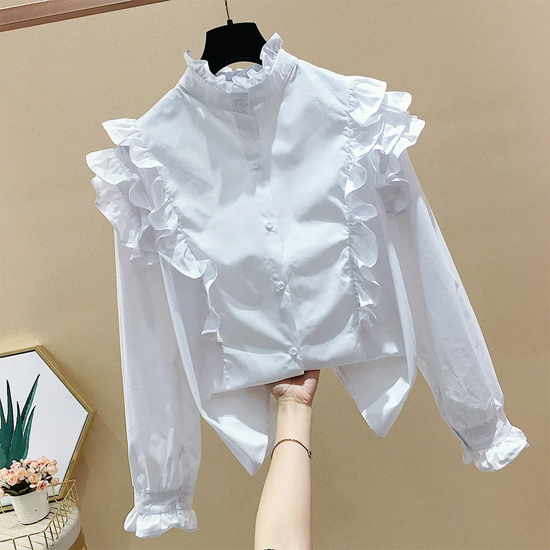 Дизайнерская Свободная белая рубашка с длинным рукавом и высоким воротником, блузки с ушками, женская новая весенняя рубашка