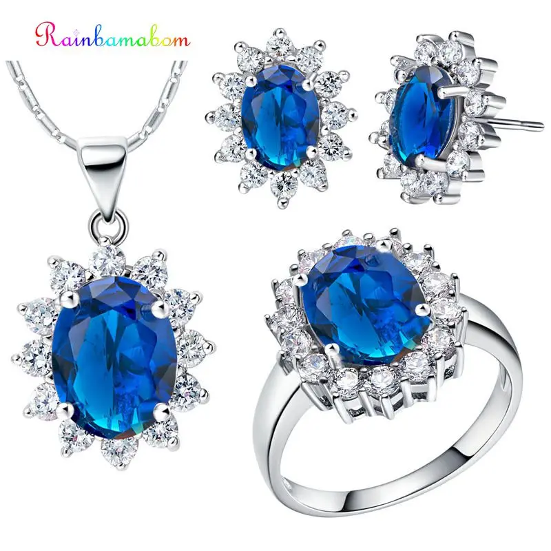 

Rainbamabom Real 925 Sterling Silver Blue Sapphire Gemstone Earrings Ring Necklace Wedding Engagement Jewelry Set Gift Wholesale