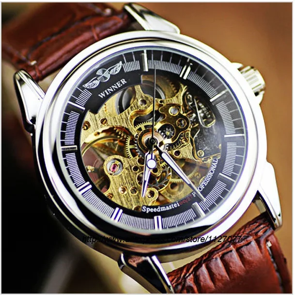 

Winner Brown Leather Simple Round Dial Transparent Skeleton Mens Automatic Mechanical Watch Men Luxury Male Relogio Masculino