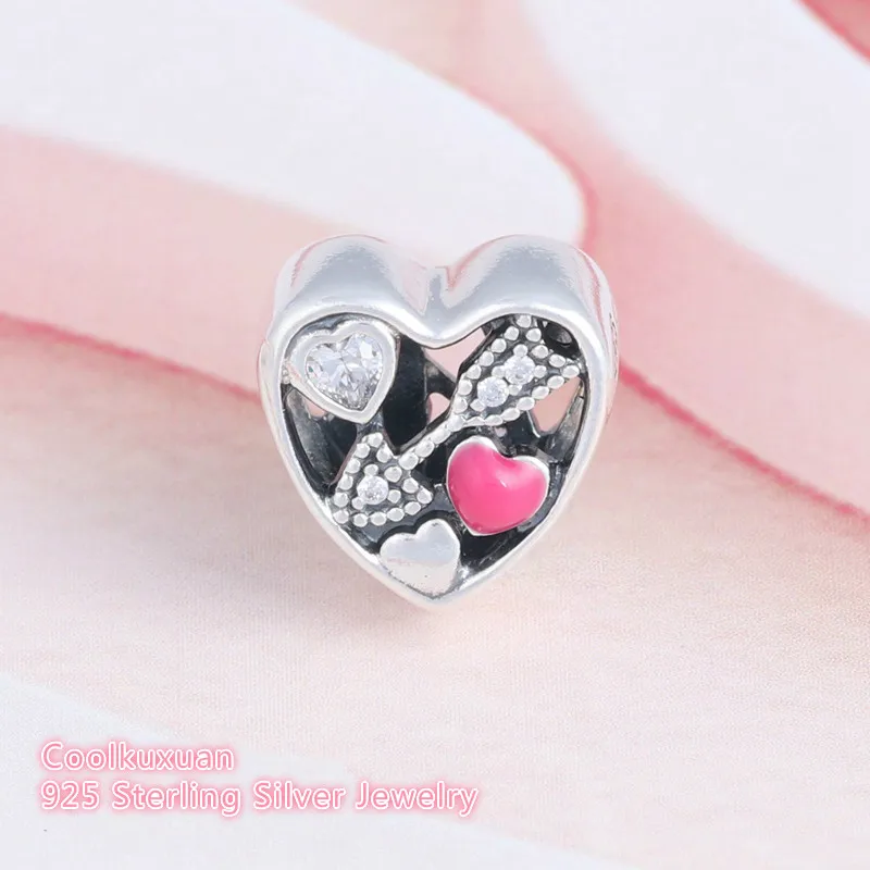 

Valentine's Day Cupid's Arrow Beads Authentic 925 Sterling Silver Cerise Enamel Love Hearts Charm Bead Fits Pandora bracelets