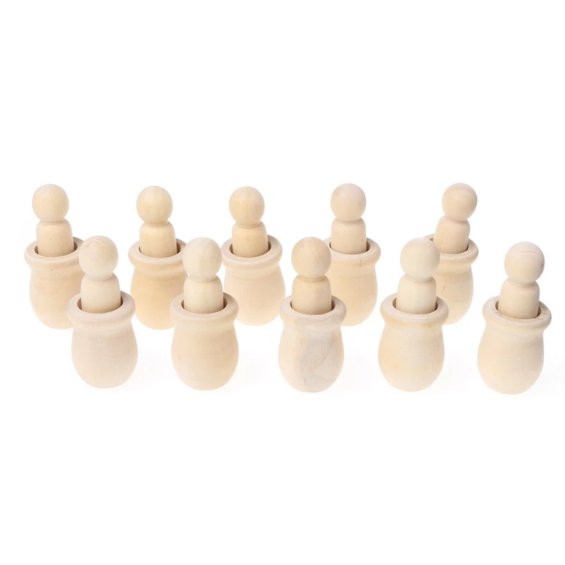 

10Pcs People Nesting Set Wooden Peg Dolls Unfinished DIY Decor For Paint Stain