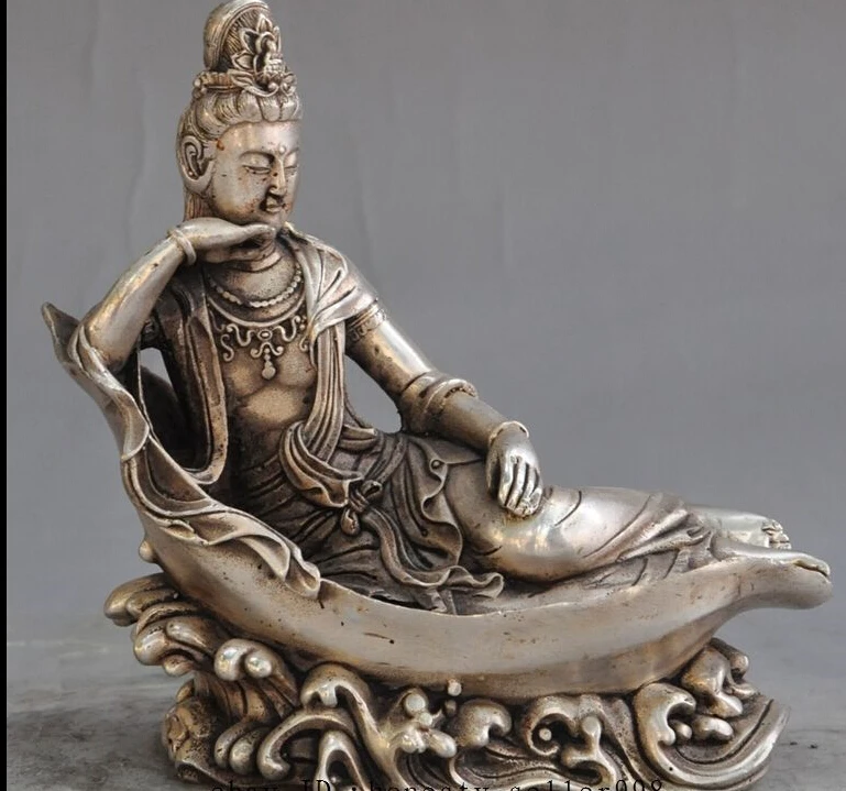 

6"China buddhism silver sleep Kwan-Yin GuanYin Bodhisattva goddess buddha statue