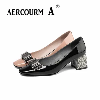 

Aercourm A 2018 Women Rivet Pumps Shoes Lady Leather Shoes Square Middle Heel Pumps New Spring Bow-knot Leopard Shoes Black Pink