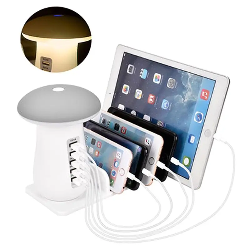 

Mushroom Shape LED Desk Night Light With Quick Charge 3.0 USB Charger 5 Port Table Lamp