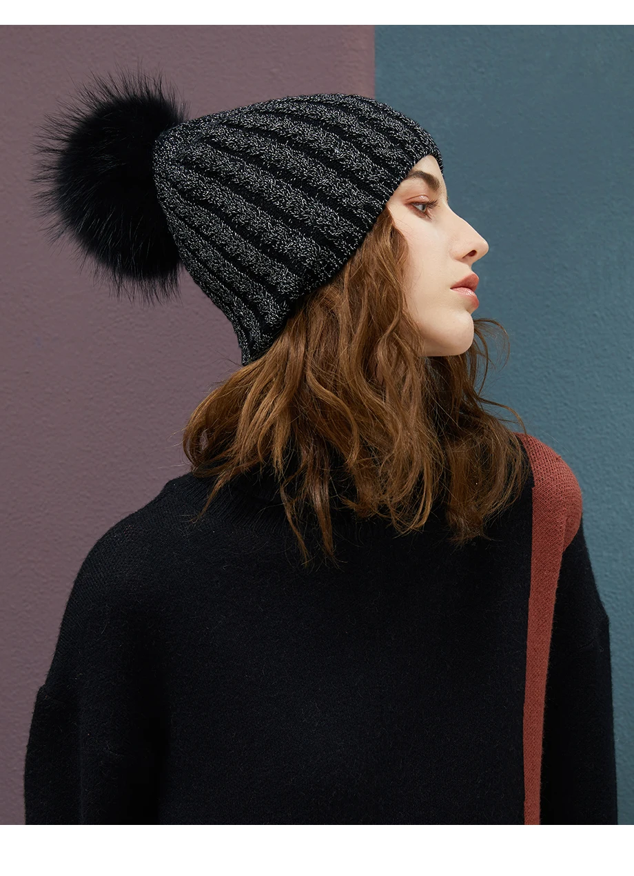 Winter Hats For Women Warm Beanie Real Fur Pompom Wool Hat Female Twist-Type Cap Bright Silk Beanies Women's Hat 5 Colors (11)