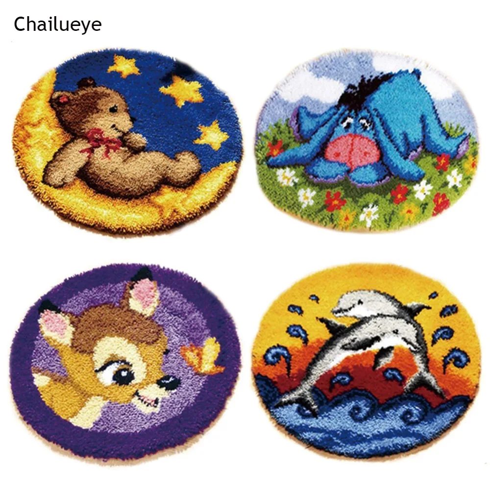 

DIY Latch Hook Rug Kits Crocheting Cushion Carpet Cover Floor Mat Round 3D Cartoon Flower Needlework for Adults Kids Gift