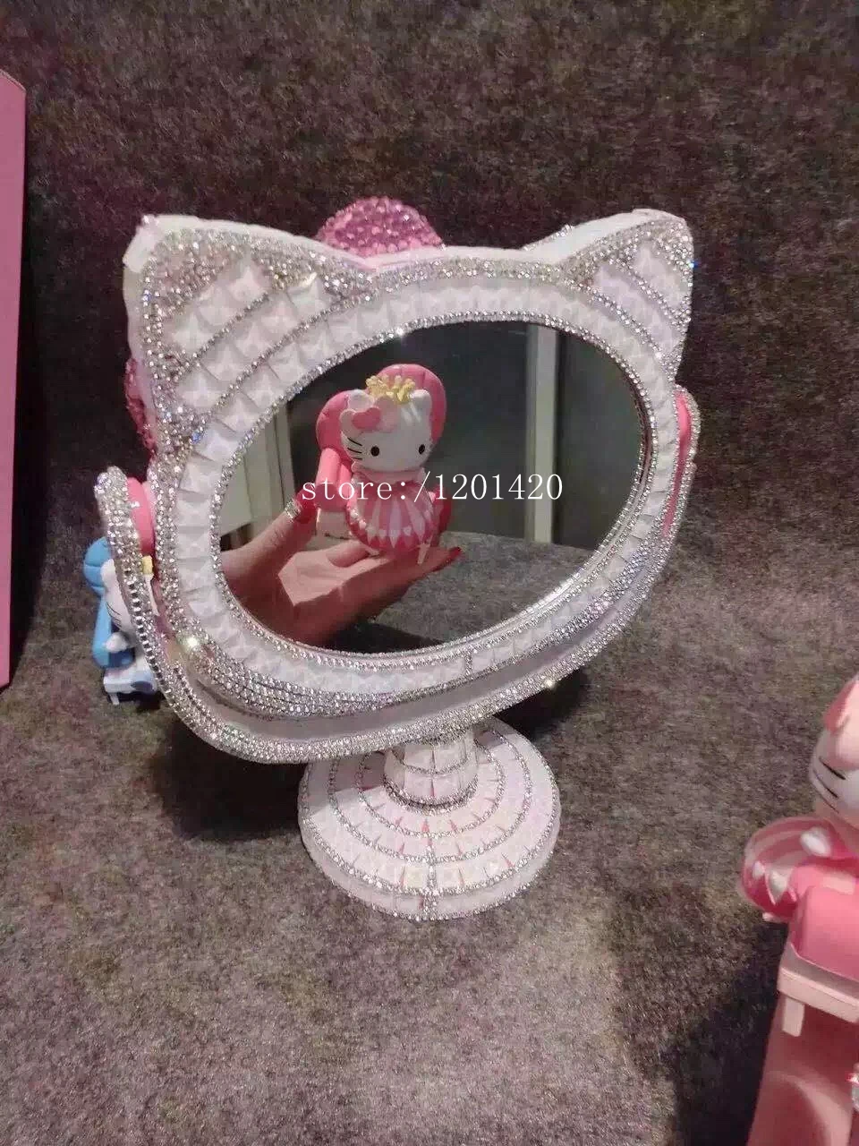 White Rhineston Girls Mirror Make Up Mirror For Women Females Kitten 