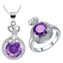 Элегантные и романтичные круглый фиолетовый кристалл Цепочки и ожерелья и кольцо из белого золота Ювелирные наборы для Для женщин партии/Юбилей t423-6-9