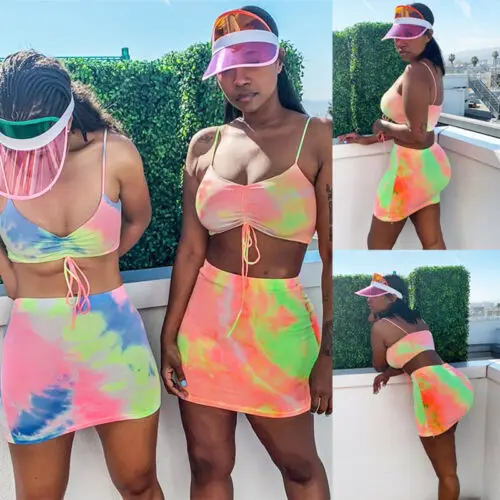 2019 сексуальные цветные женские мини-юбки Boho из 2 предметов кроп-топы вечернее для