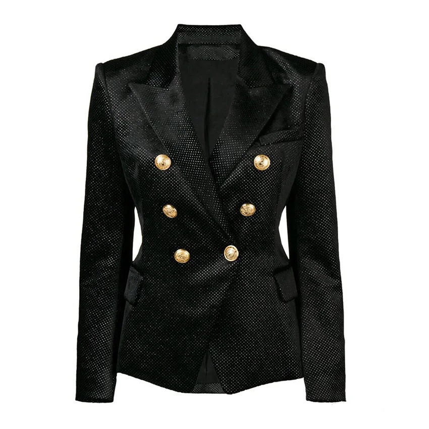 

2019 Autumn Winter Foreign Trade Outbreak Coat Double Button Lion Metal Clock Silver Point Shown Velvet Suit Black Jackets Women