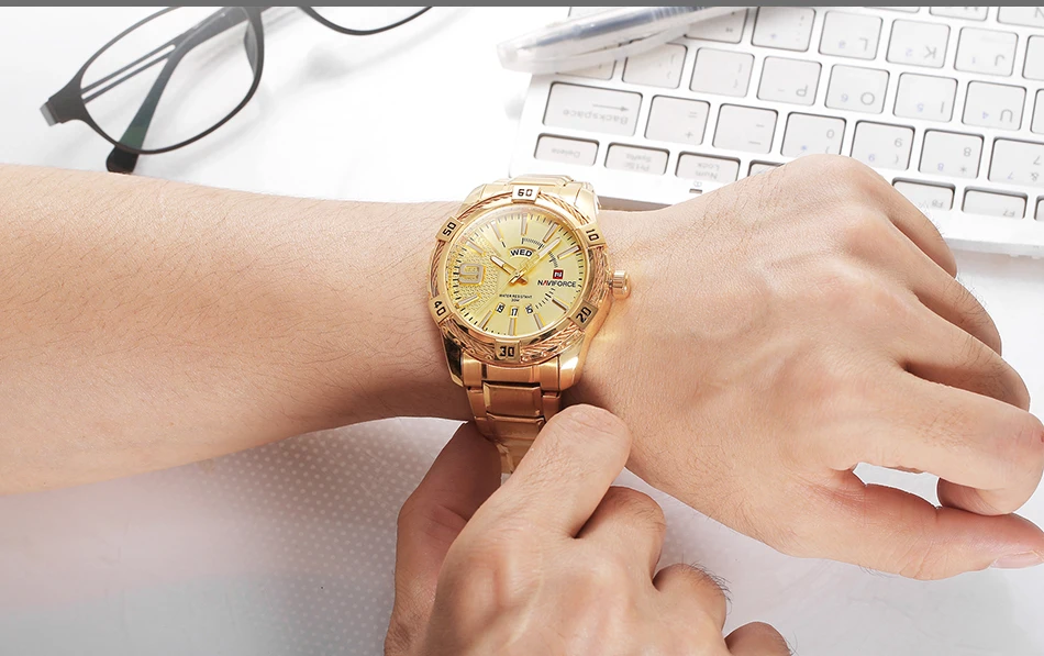 Новые модные роскошные Брендовые мужские золотые часы NAVIFORCE, мужские водонепроницаемые кварцевые часы из нержавеющей стали, мужские часы Relogio Masculino