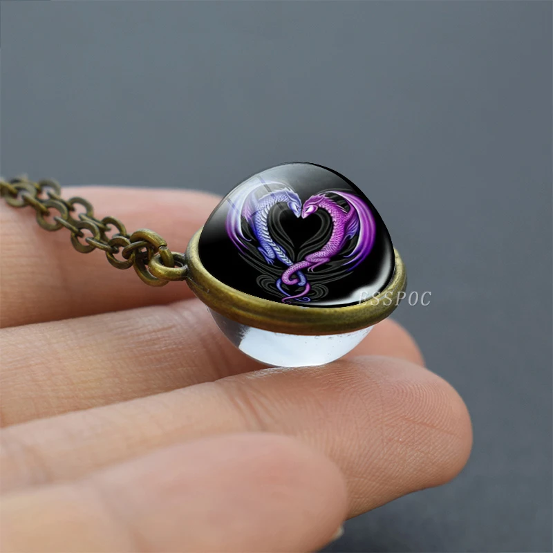 Двухбоковое ожерелье Yin Yang тайцзи стеклянный шар Dragon бронзовая цепочка колье