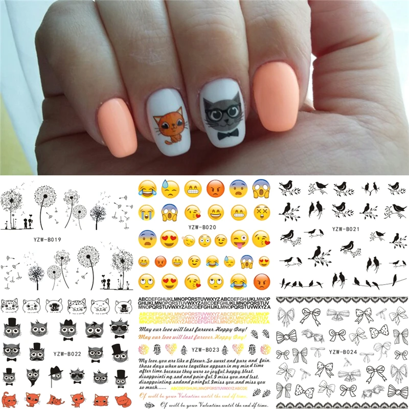 

6 Sheets/Lot Mixed Bird Cat Dandelion Face Emoji etc Designs Water Transfer Nails Art Sticker Nail Wrap Decals 2019 Nails Decor