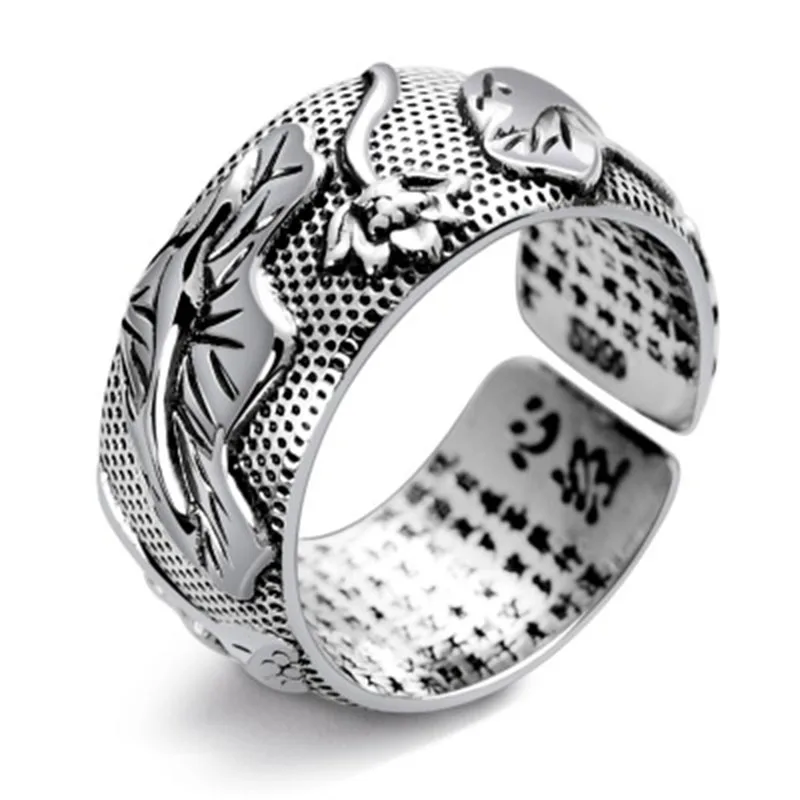 

Real 999 Sterling Silver Retro Open Rings With Buddhism Heart Sutra Lotus Floral Finger Ring For Men Women Jewelry