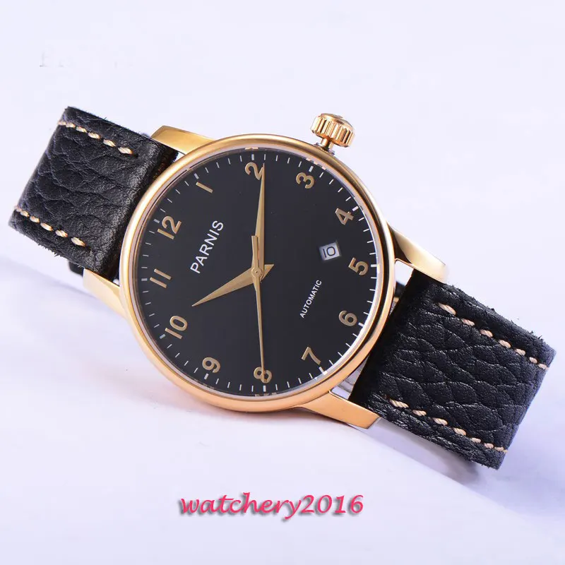 

38mm Parnis Black dial Newest Style Mechanical Date Window Sapphire Crystal Golden case Men's Automatic Mechanical Wrist Watch