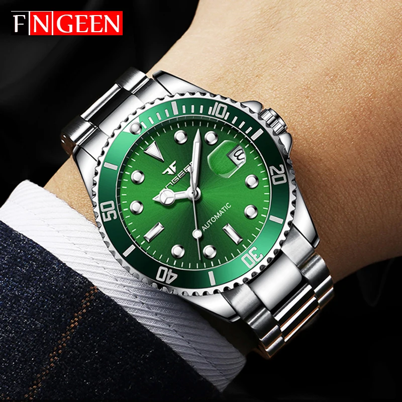 

FNGEEN Automatic Watch Diver Swim Waterproof 21 Jewel Auto Date Movement Mechanical Watches with Leather Metal Strap Men's Gift