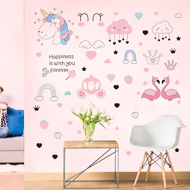 [Shijuekongjian] виниловые наклейки на стену с изображением единорога Фламинго DIY настенные наклейки с животными для детской комнаты, украшения для детской спальни
