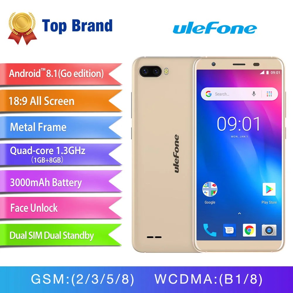 

Ulefone S1 Mobile Phone Android 8.1 5.5 inch 18:9 MTK6580 1GB RAM 8GB ROM 8MP Camera 3G WCDMA 3000mAh Battery Smartphone