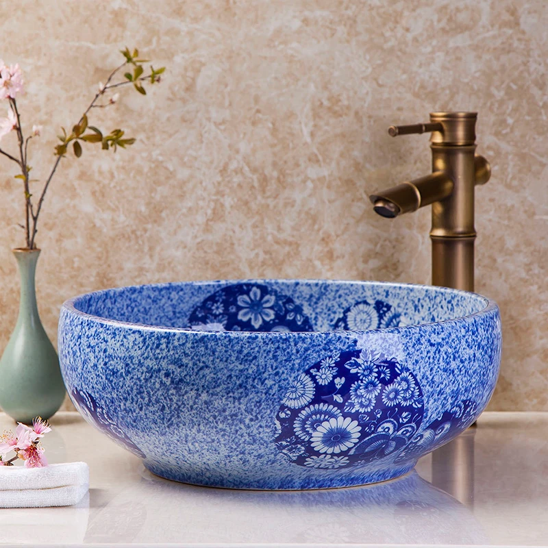 Blue And White China Artistic Handmade Ceramic wash basin Lavobo Round Counter top commercial bathroom vanities bathroom sinks (10)