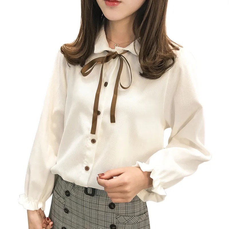 

E 2019 fashion sweet women blouse autumn long sleeve ladies tops Corduroy bow tie casual women clothing blusas harajuku
