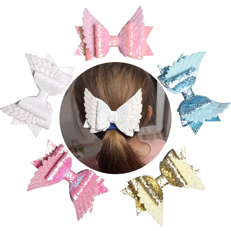 

10pcs/lot Three Layer Forked Tail Hair Bow Clips with Flying Wings Swallow Tail Girl Hairpin Glitter Gold Leather Bow Barrette