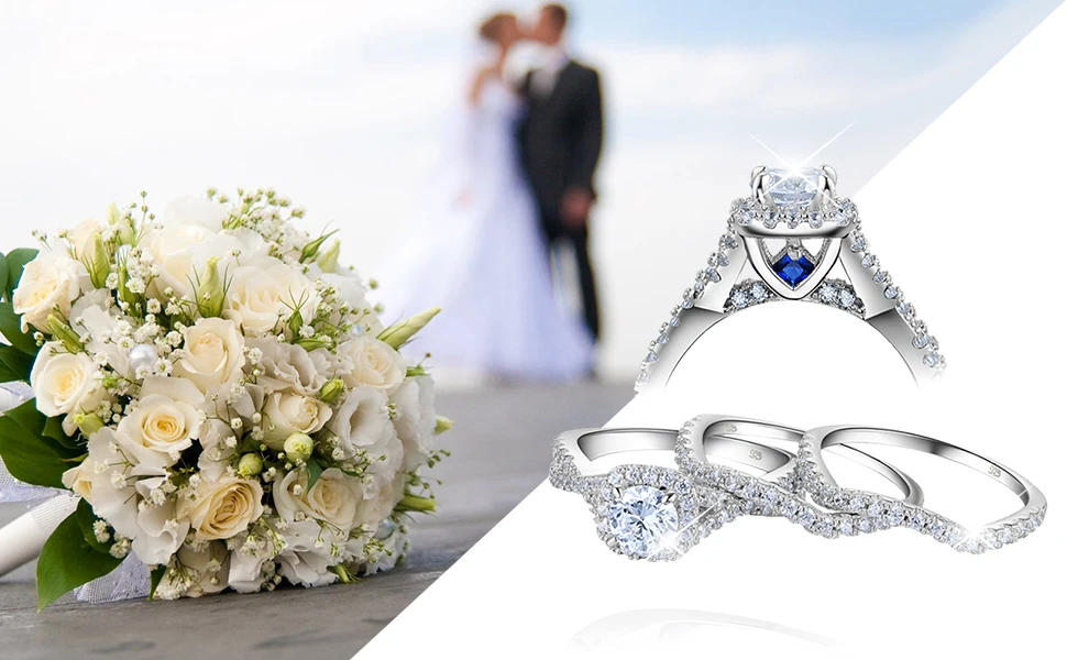 Anéis de Casamento para as Mulheres Anel de Noivado Jóias na Moda Newshe Sólido Prata Esterlina 1.3 ct Aaa cz Azul Cristal Conjunto 3 Pçs 925 10 Joias e Acessórios