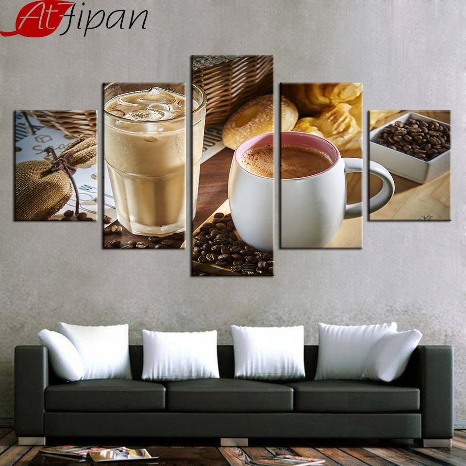 

AtFipan 5 Pieces Canvas Pictures Home Decor Restaurant Steaming Coffee Cup Coffee Bean Paintings Kitchen Wall Art Food Posters
