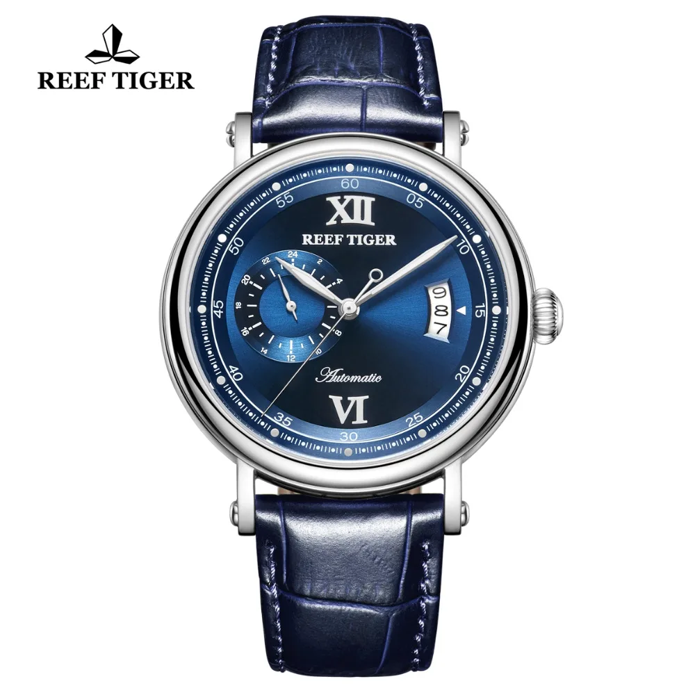 Роскошные деловые мужские часы Reef Tiger/RT синие модные механические с кожаным