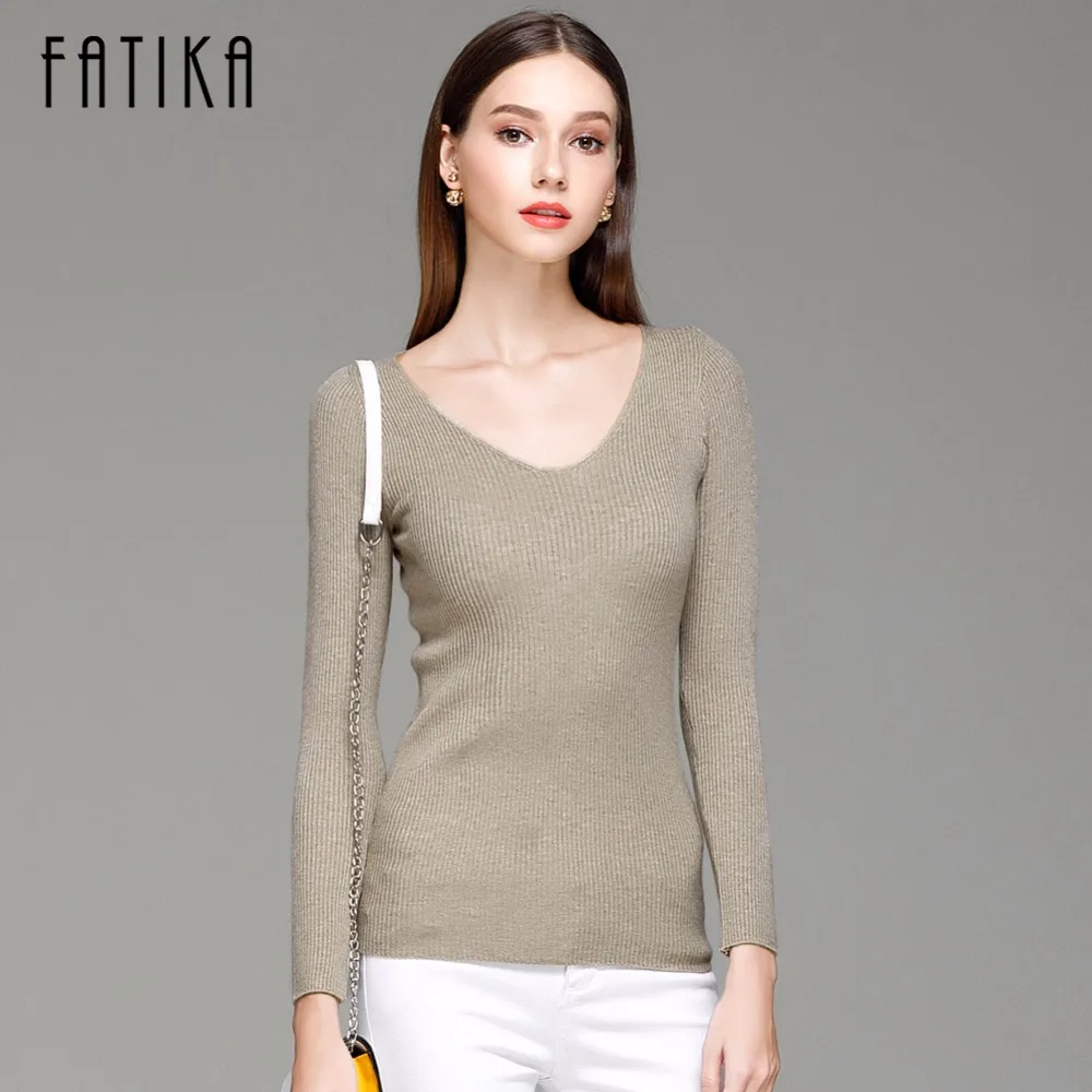 FATIKA Womens Autumn Winter Cotton Blend Sweater V-Neck Pullovers Long Sleeve Jumpers Womens Knitted Sweaters