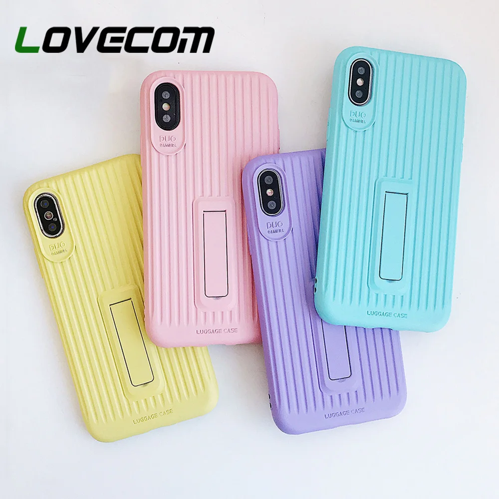 

LOVECOM Phone Case For iPhone XS XR XS Max X 6 6S 7 8 Plus Candy Colors Bracket Stripe Silicon & TPU Soft Phone Back Cover Coque