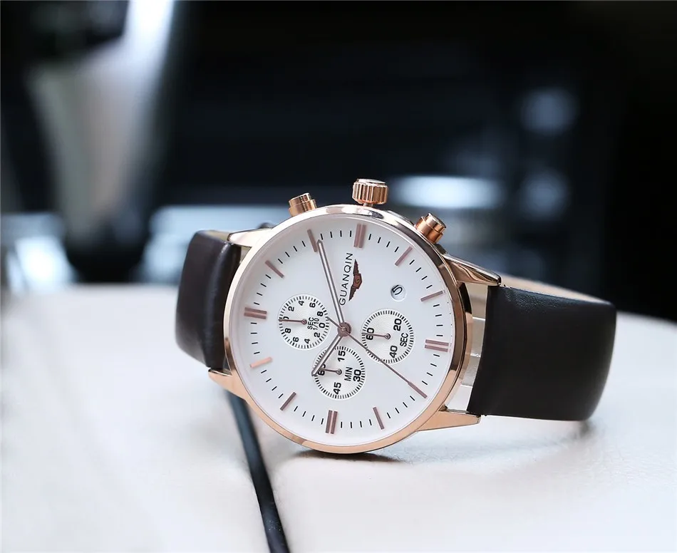 GUANQIN Quartz Watch Mens Watches Top Brand Luxury Chronograph Clock Men Sport Waterproof Leather Wristwatch relogio masculino