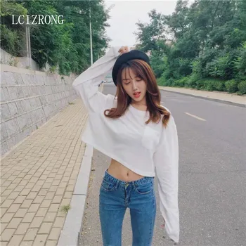 

Fashion White Short Tshirt Women Sexy Crop Long Sleeve Tops Streetwear O-neck Black T Shirt Casual Solid Tees Female