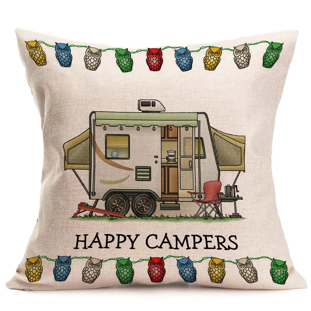 Happy Campers Rv Pattern Linen Cotton Pillow Covers Sofa Pillow Case