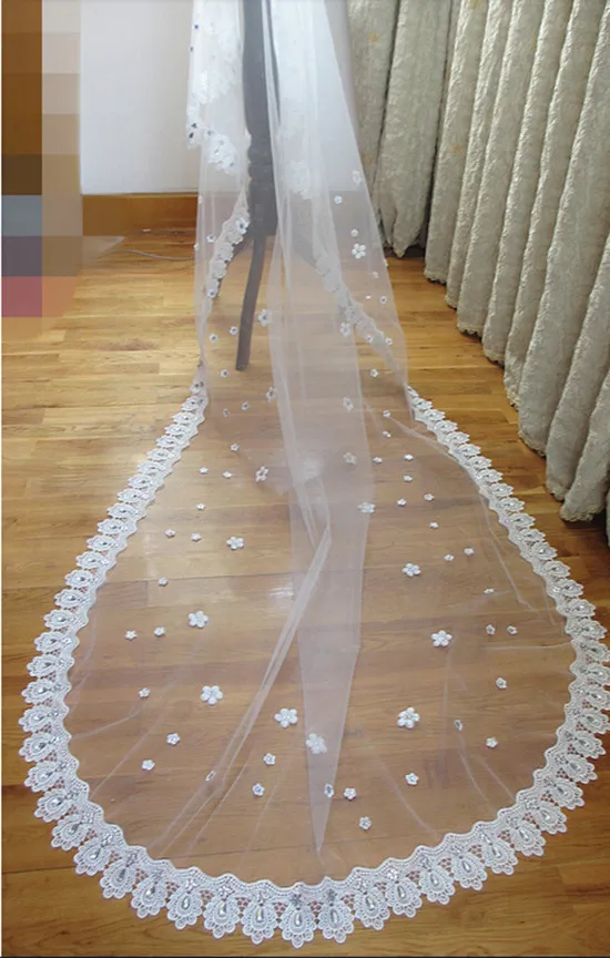 Новая романтическая свадебная вуаль с длинным шлейфом, расшитая бисером, 3 м, белый/слоновая кость, роскошные свадебные аксессуары, свадебное платье, элегантная Фата для невесты