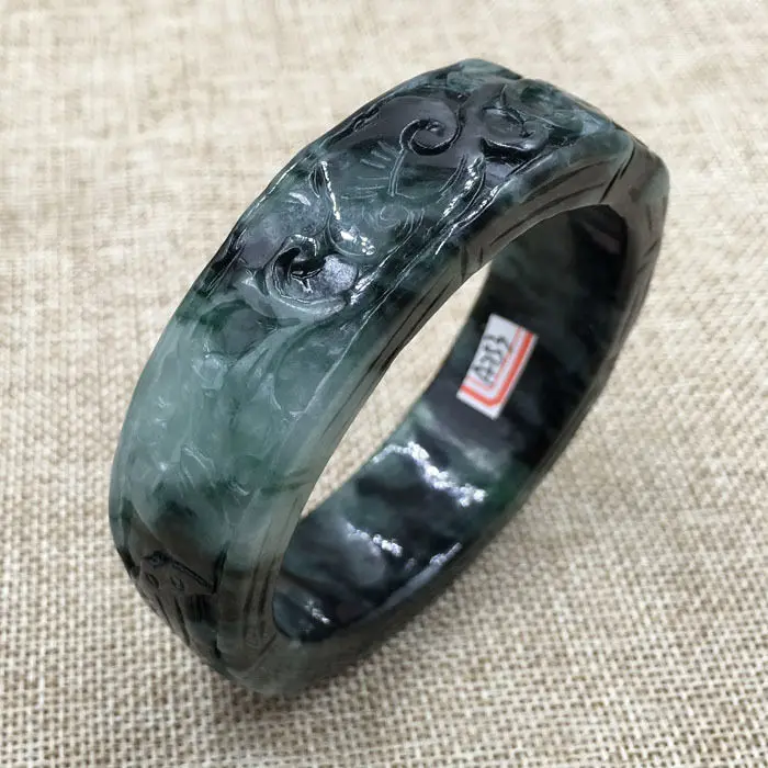 

62mm Vintage Chinese Hand-carved Black Green Jadeite Jade Bracelet Bangle 753