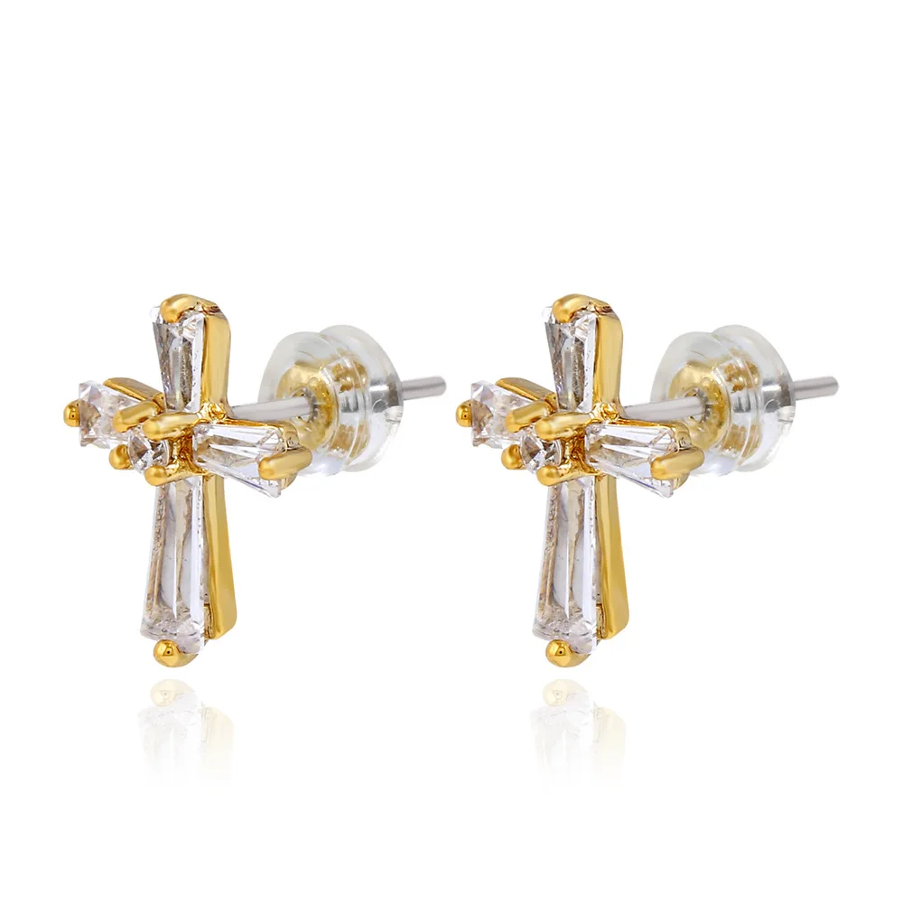 

Men's Hip Hop Stud Earring Copper Material Claw Setting AAA CZ Stone Bling Iced Out Cross Earring Men Jewelry Gold Silver Color