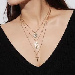 Multi-layer Copper Bead Chain Retro Exaggerated Necklace Virgin Mary Coin Cross Pendant Necklace Gold Color Jewelry Multi-layer Copper Bead Chain Retro Exaggerated Necklace Virgin Mary Coin Cross Pendant Necklace Gold Color Jewelry