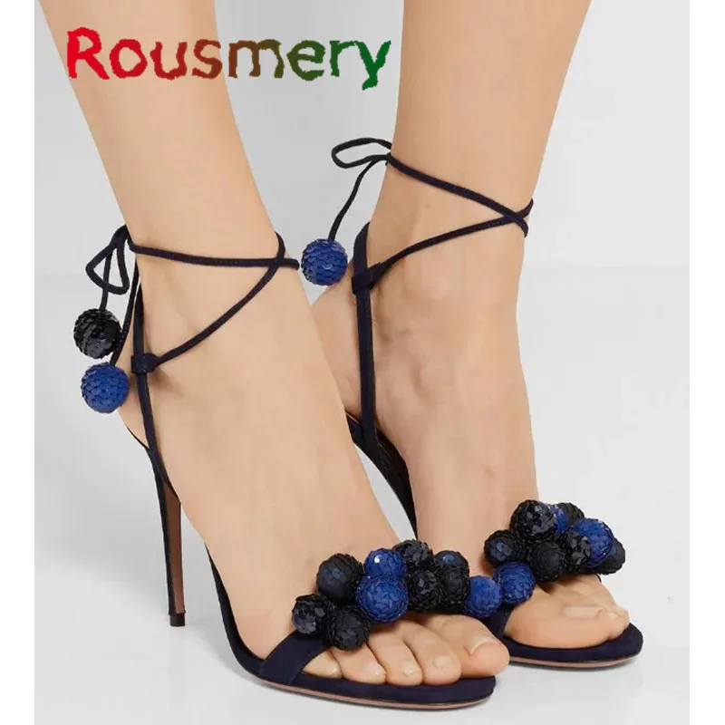 Round Toe Stiletto High Heels Sandals Ankle Strap Party Women Shoes Cross-tied Open Toe Black White Colorful Balls Zapatos Mujer